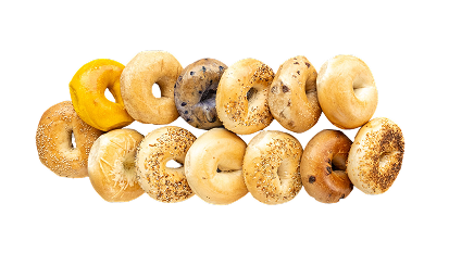 A row of twelve assorted bagels with various toppings and flavors, arranged side by side on a white background.