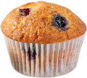 A blueberry muffin with a golden-brown top, visible blueberries, and a white paper liner, shown against a plain background.